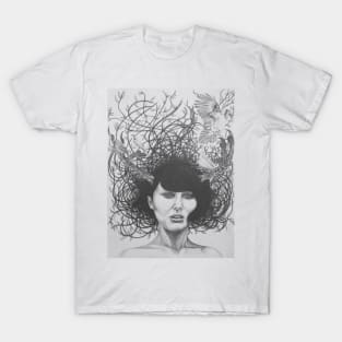 Fantasy drawing of woman woven in branches and horns T-Shirt